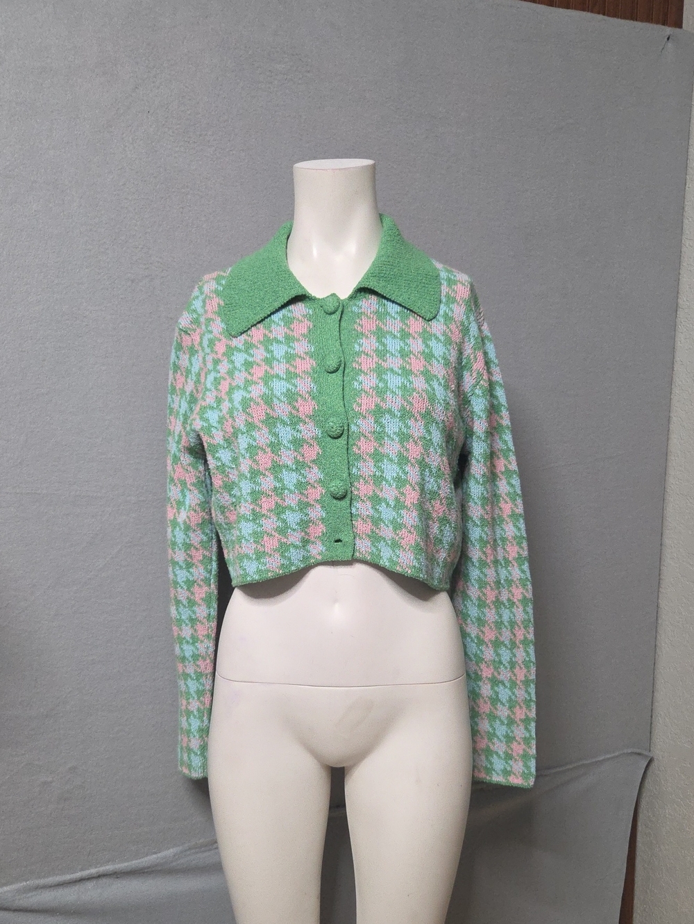 Zara Green & Pink Houndstooth Cropped Cardigan Jacket Large Sz.
